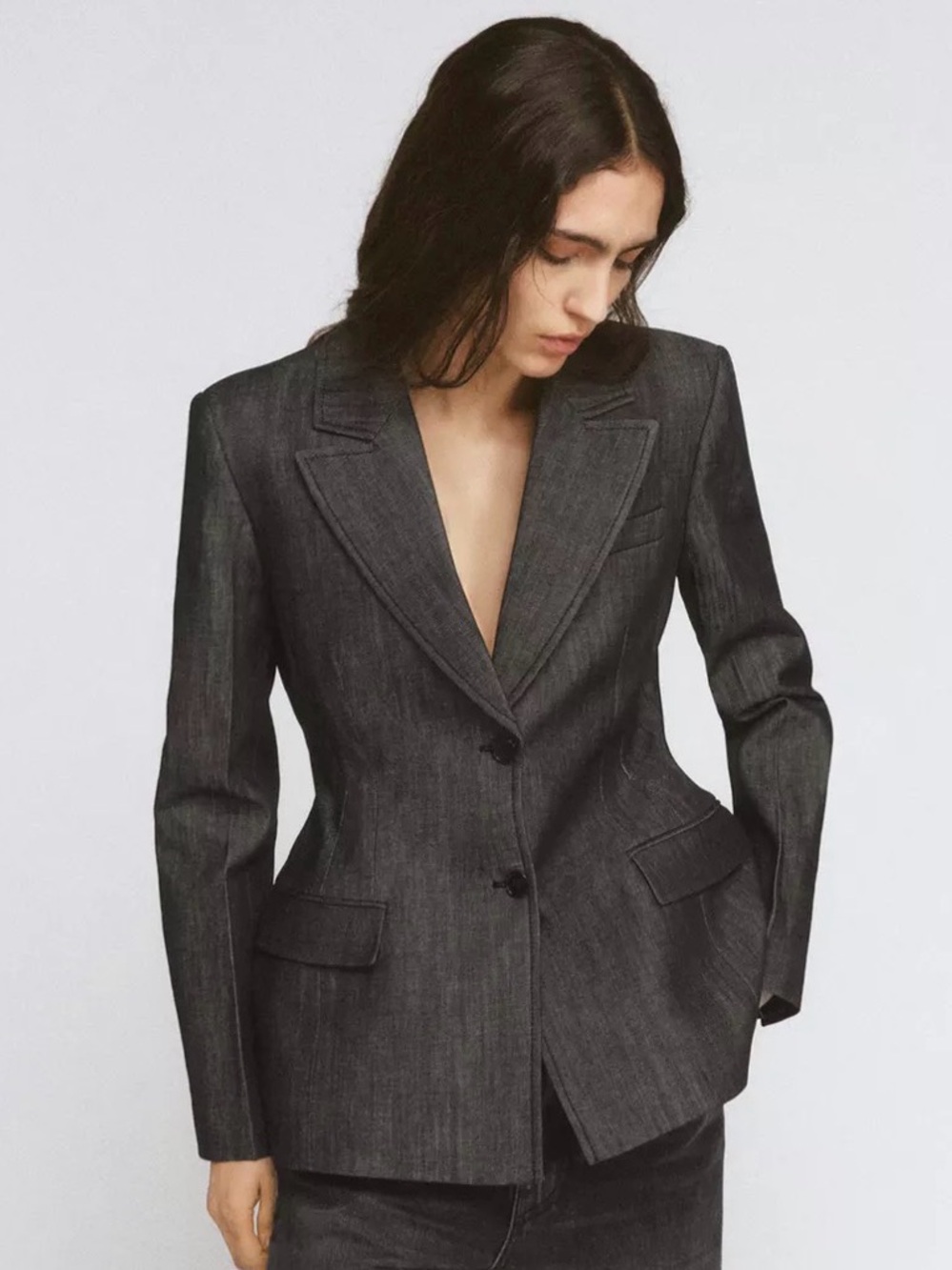 Charcoal Black Denim Blazer & Wide-Leg Jeans Set - Picture 5 of 10
